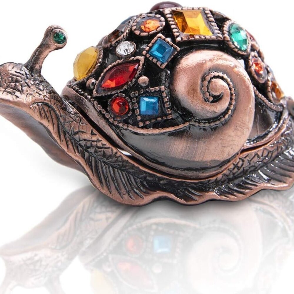 Crystals Bejeweled Trinket Box Hand-Painted Brown Snail Animal Figurine Hinged J